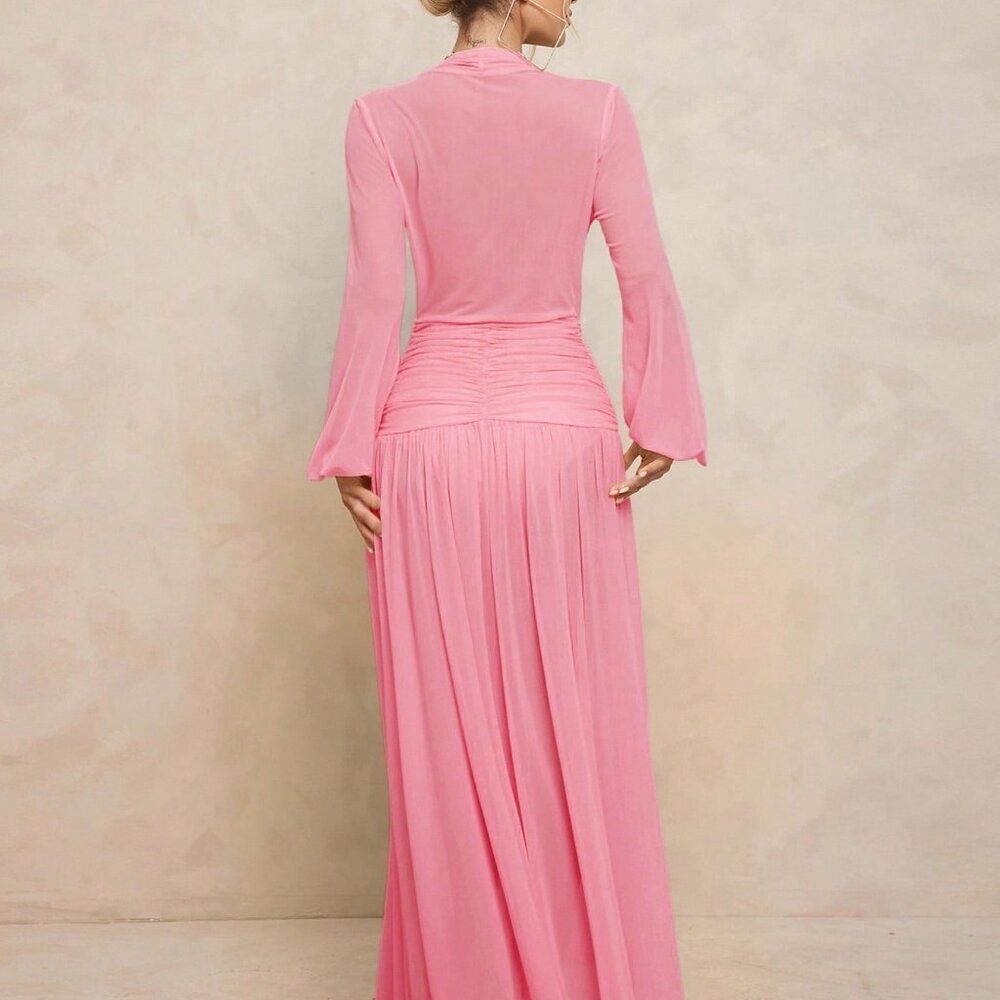 Pink Sexy Women's Extra Long Sheer V-Neck Puff Sleeves Dress - Picture 3 of 8